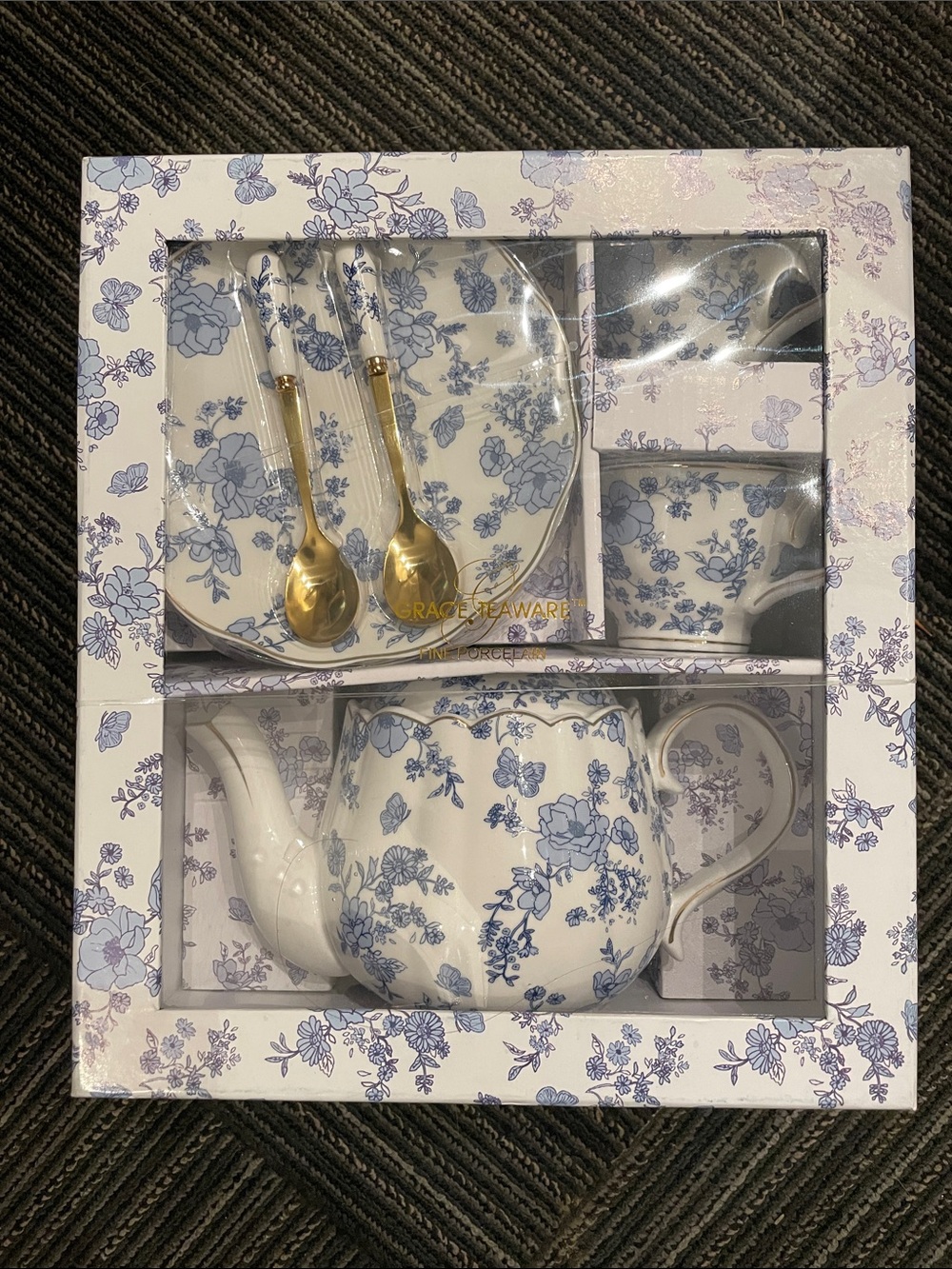 Grace Teaware 7 Piece Blue Floral Porcelain Teapot Gift Set w/Gold Accent Spoons